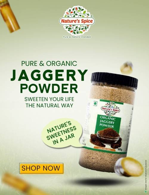 organic jaggery powder product image with few line of content.