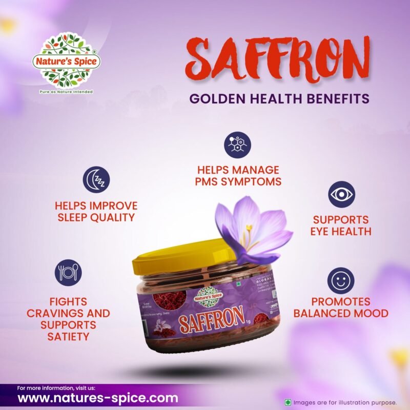 saffron product image with some points of health benefits and icons