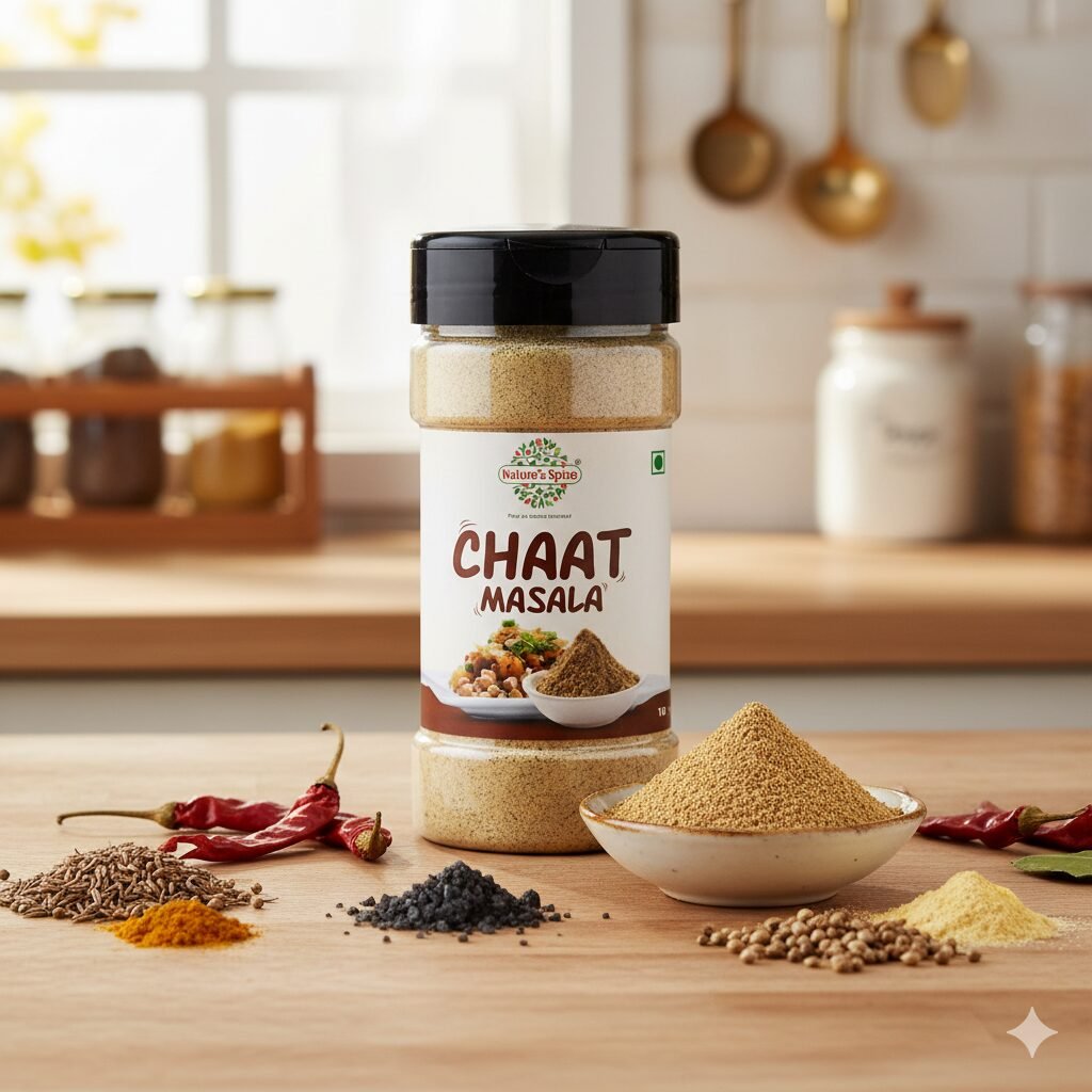 ature’s Spice Chaat Masala Powder with natural ingredients in kitchen background.