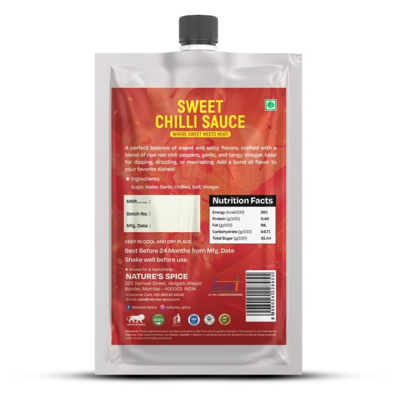 Back panel of Sweet Chilli Sauce showing product description, ingredients (Sugar, Water, Garlic, Chillies, Salt, Vinegar), and nutrition facts including 261 kcal/100g. Features storage instructions, 24-month shelf life, Nature's Spice contact details in Mumbai, social media handles, certification logos, and barcode. Red background with white text.