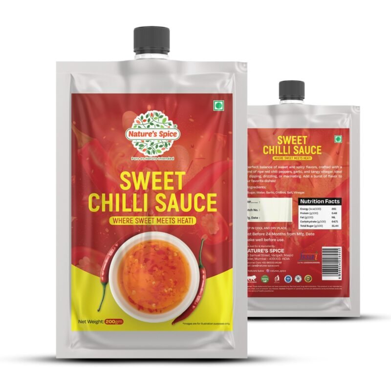 Nature's Spice Sweet Chili Sauce in a 200g standing pouch package. Front and back view showing red packaging with yellow text and a white bowl of orange sauce with visible chili flakes. Features the tagline 'Where Sweet Meets Heat!' and includes nutritional information and product details on the back."