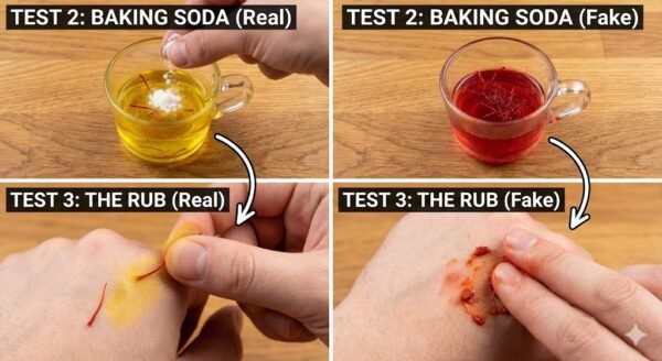 Real vs fake saffron purity test results showing the color changes in baking soda water and the finger rub test reactions for genuine and fake strands